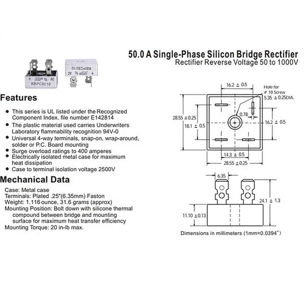 50A 1000V Metal Case Single Phases Diode Bridge Rectifier Kbpc5010 Tools